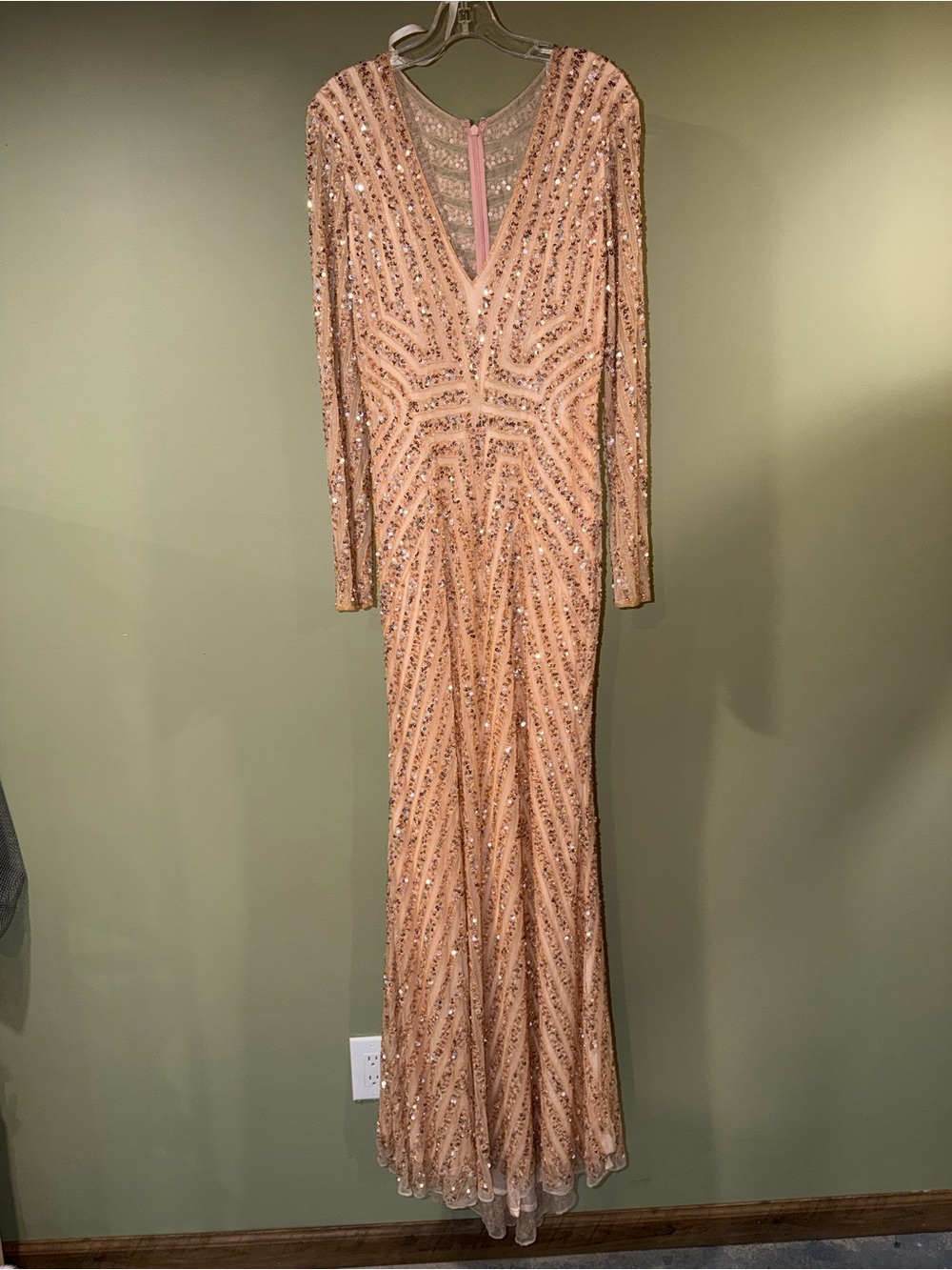 Elegant Sequin Long Sleeve Evening Gown - Blush Salmon Pink
